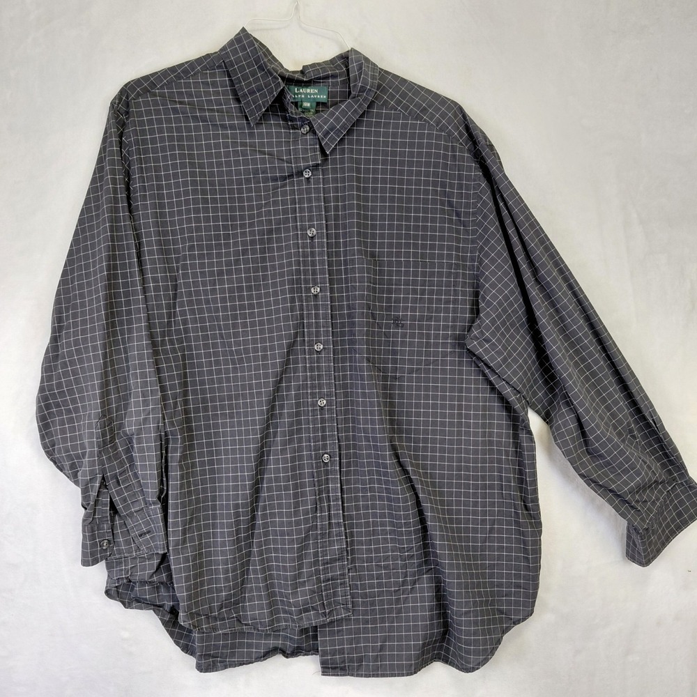 Lauren Ralph Lauren Grey Grid Button Down Shirt Womens 18W Cotton Long Sleeve